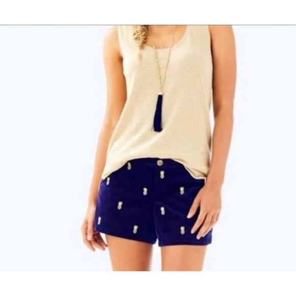 Lilly Pulitzer Adie Shorts – Navy Velvet w/ Gold Pineapples – Sz 00 - Picture 1 of 11
